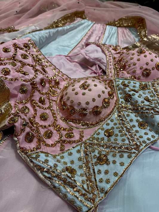 PINK & PASTEL BLUE COLOUR KALI LEHENGA WITH READYMADE BLOUSE & ORGANZA DUPATTA EMBELLISHED WITH GOTA PATTI & BEADS WORK