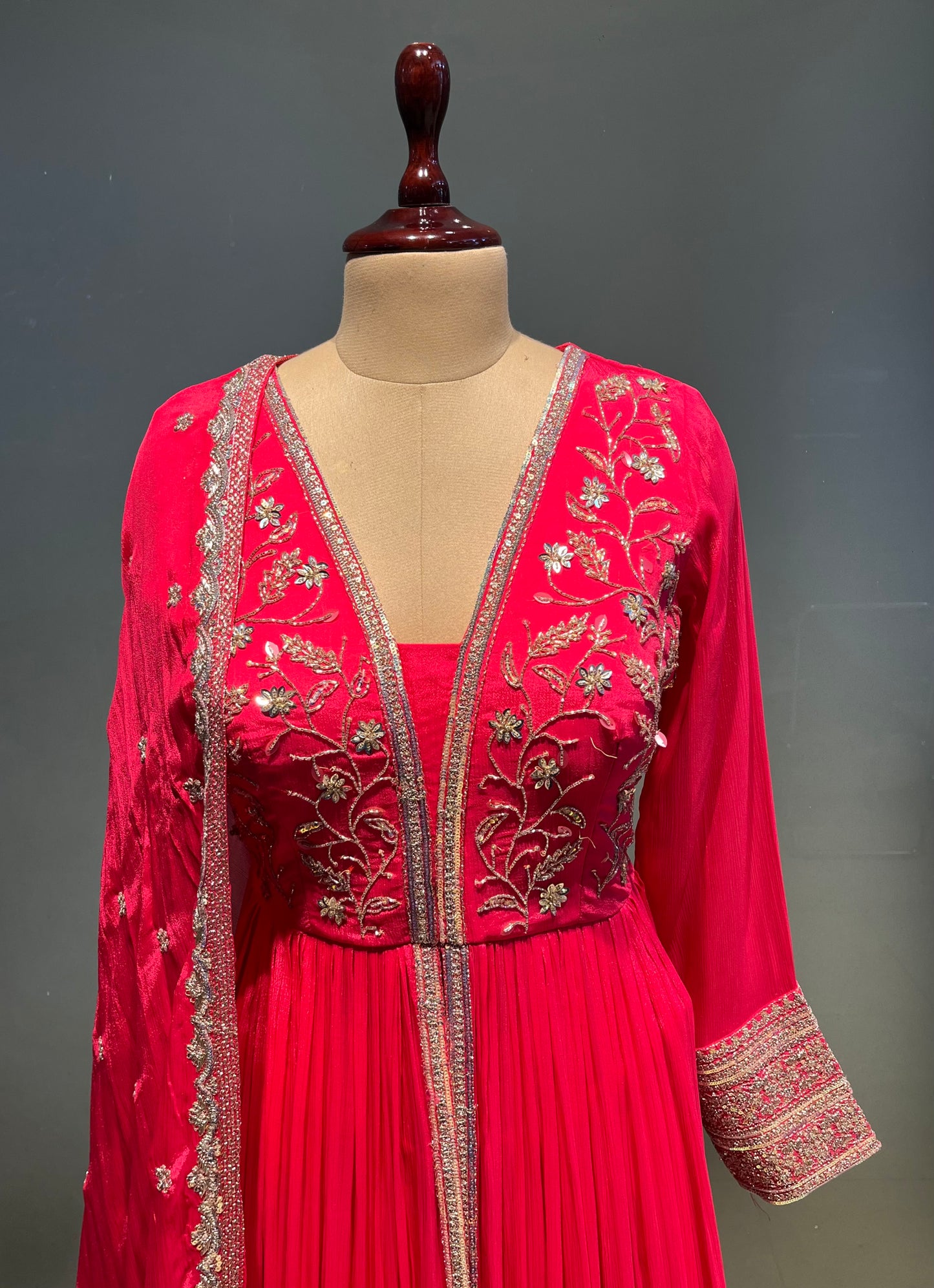 ( DELIVERY IN 30 DAYS ) HOT PINK COLOUR CHINON FRONT SLIT KURTA WITH SHARARA PANT EMBELLISHED WITH ZARI & SEQUINS WORK