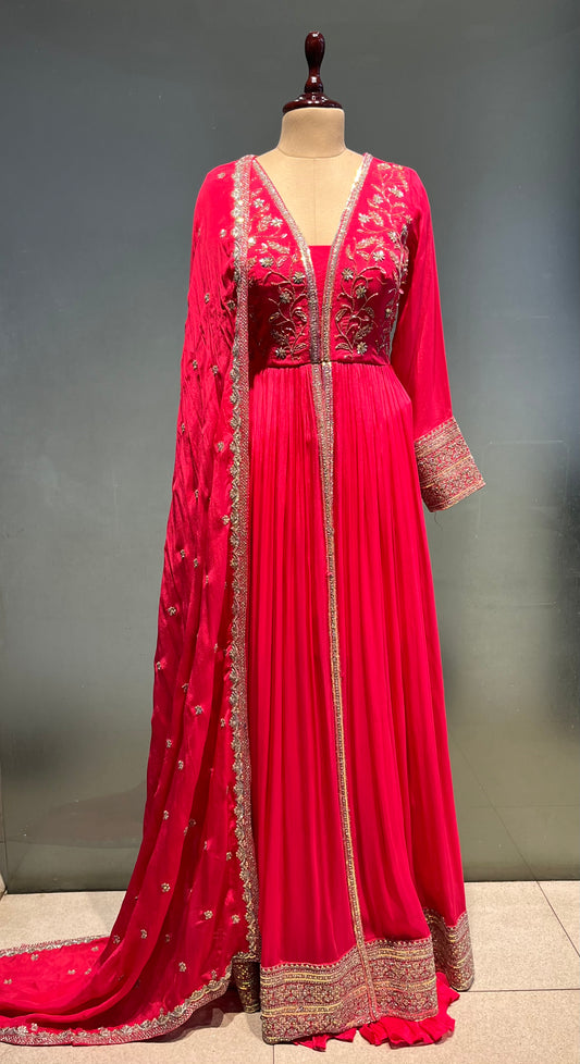 HOT PINK COLOUR CHINON FRONT SLIT KURTA WITH SHARARA PANT EMBELLISHED WITH ZARI & SEQUINS WORK