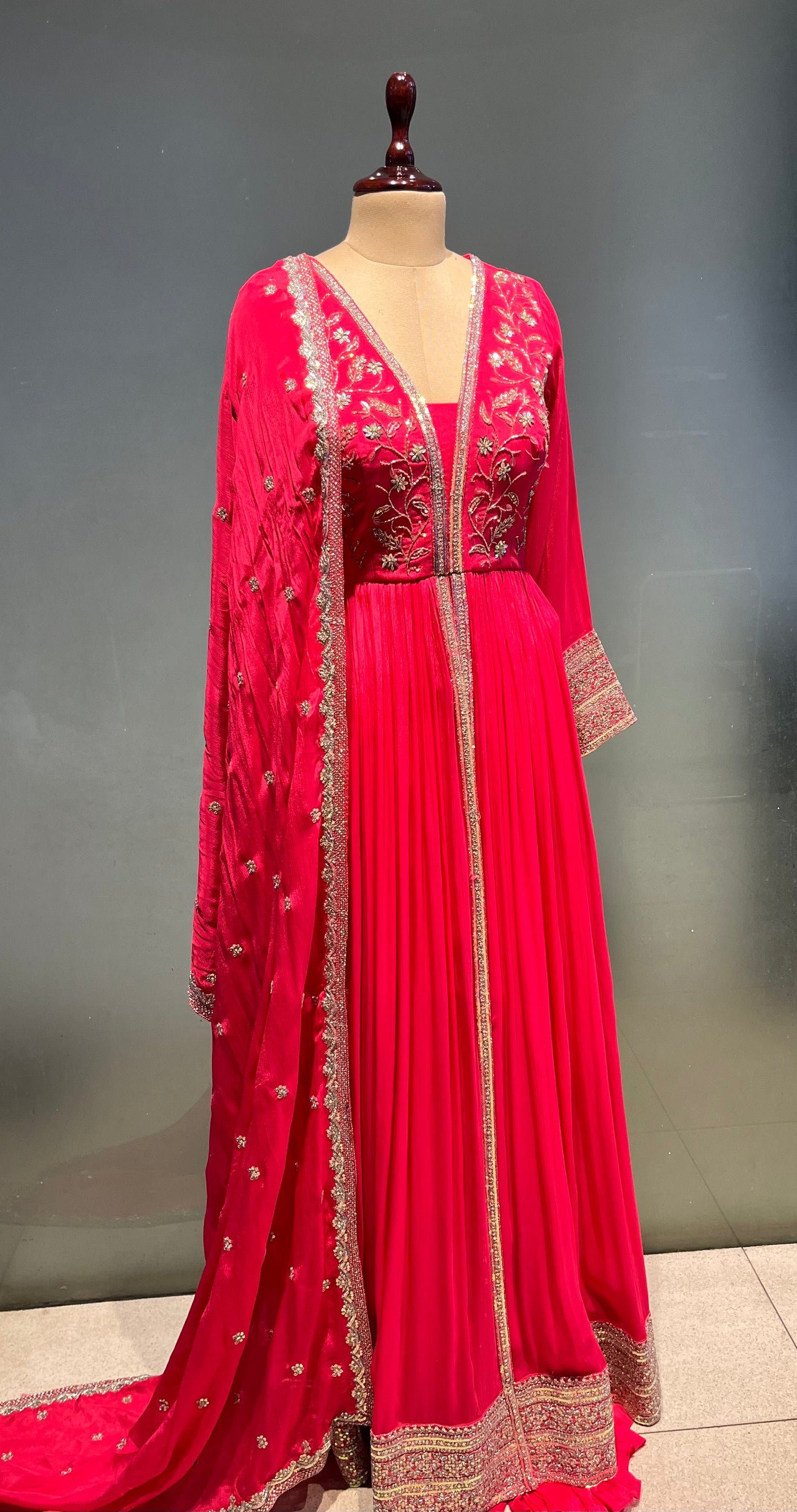 ( DELIVERY IN 30 DAYS ) HOT PINK COLOUR CHINON FRONT SLIT KURTA WITH SHARARA PANT EMBELLISHED WITH ZARI & SEQUINS WORK