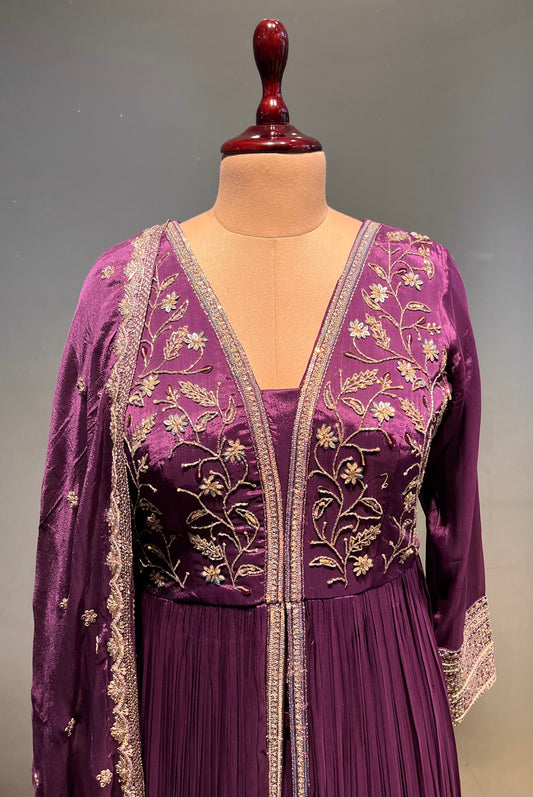 PURPLE COLOUR CHINON FRONT SLIT KURTA WITH SHARARA PANT EMBELLISHED WITH ZARI & SEQUINS WORK