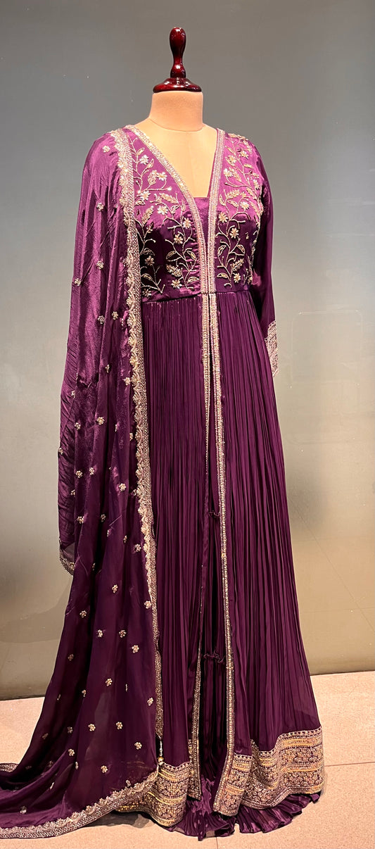 PURPLE COLOUR CHINON FRONT SLIT KURTA WITH SHARARA PANT EMBELLISHED WITH ZARI & SEQUINS WORK