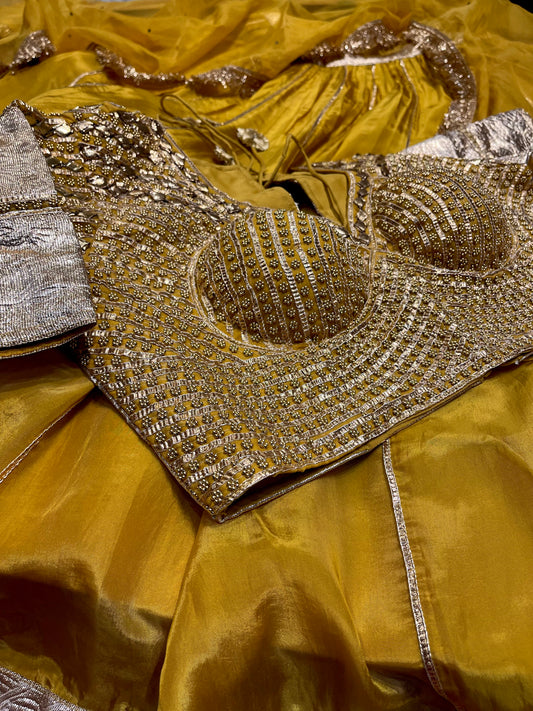 MUSTARD COLOUR CREPE SILK LEHENGA WITH READYMADE BLOUSE & ORGANZA DUPATTA EMBELLISHED WITH GOTA PATTI WORK