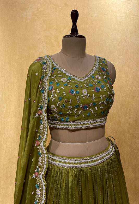 MEHNDI GREEN COLOUR CHINON LEHENGA WITH CROP TOP BLOUSE EMBELLISHED WITH PEARL & SEQUINS WORK