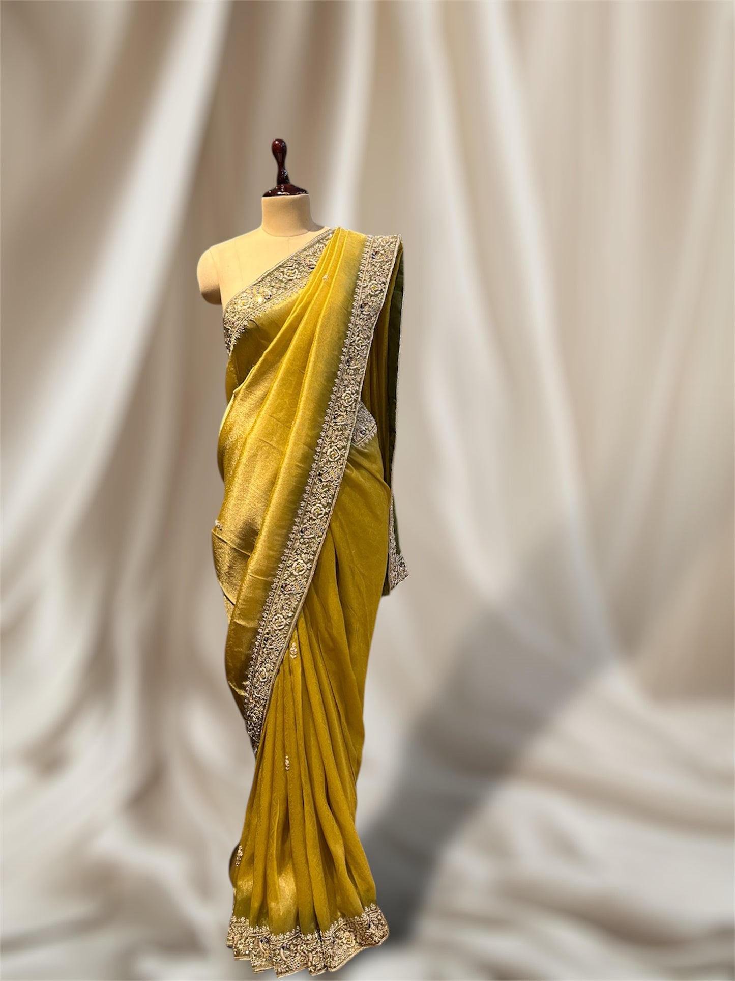 YELLOW GREEN SHADED  COLOUR TISSUE SILK SAREE EMBELLISHED WITH ZARDOZI BOARDER