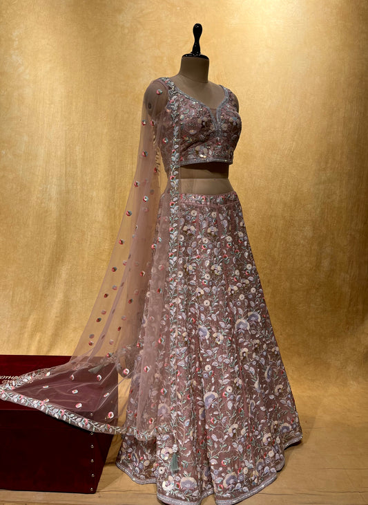 MAUVE COLOR ORGANZA EMBROIDERED  LEHENGA WITH READYMADE BLOUSE WITH NET DUPATTA EMBELLISHED WITH PEARL, SEQUINS & RESHAM EMBROIDERY