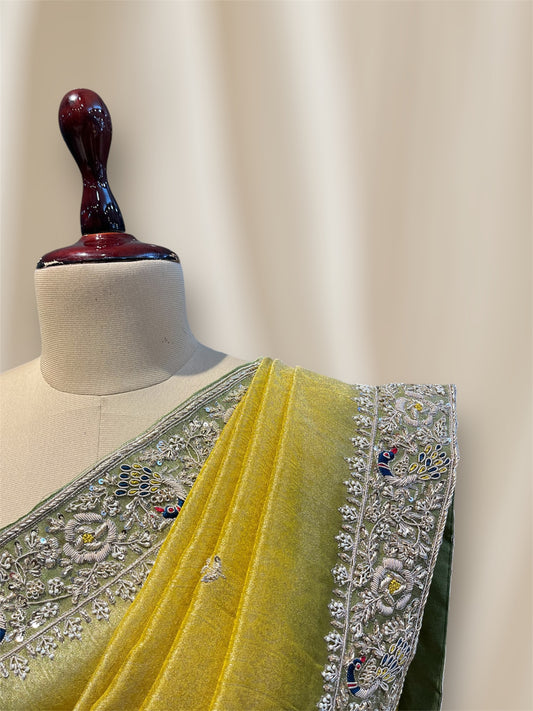 YELLOW GREEN SHADED  COLOUR TISSUE SILK SAREE EMBELLISHED WITH ZARDOZI BOARDER