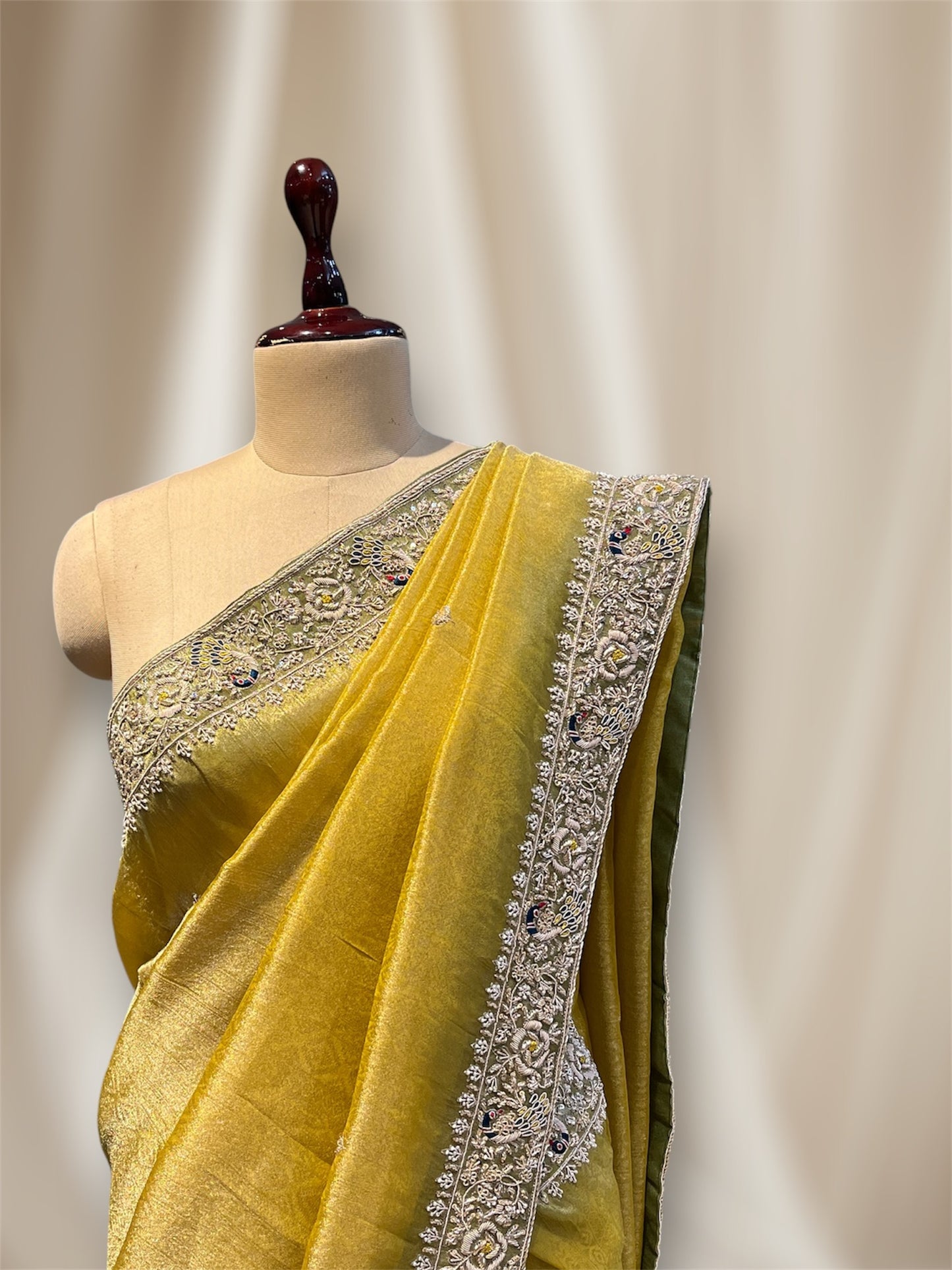 YELLOW GREEN SHADED  COLOUR TISSUE SILK SAREE EMBELLISHED WITH ZARDOZI BOARDER