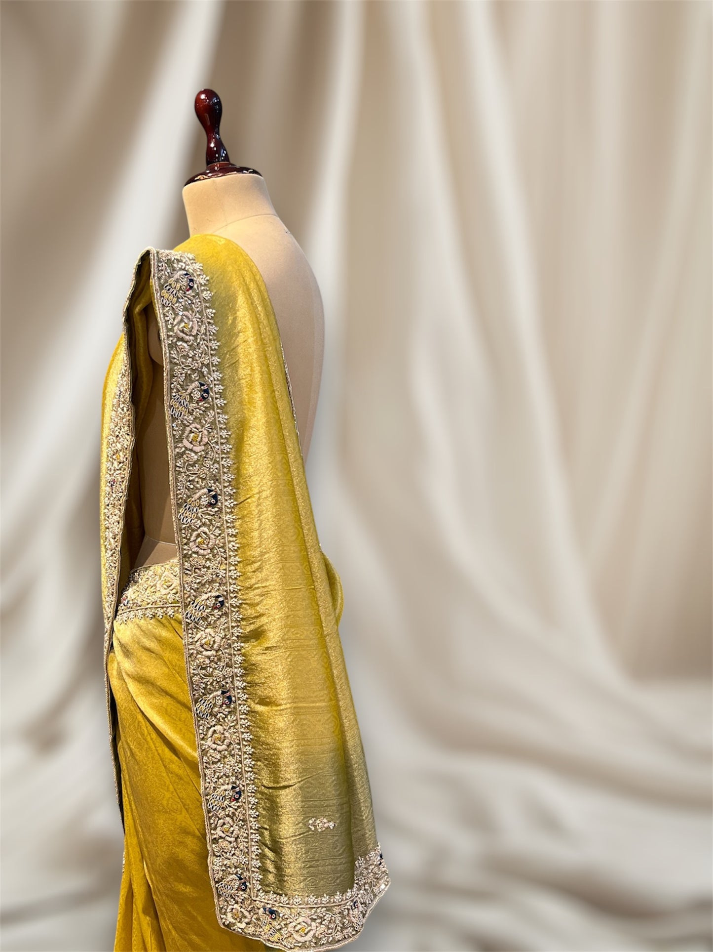 YELLOW GREEN SHADED  COLOUR TISSUE SILK SAREE EMBELLISHED WITH ZARDOZI BOARDER