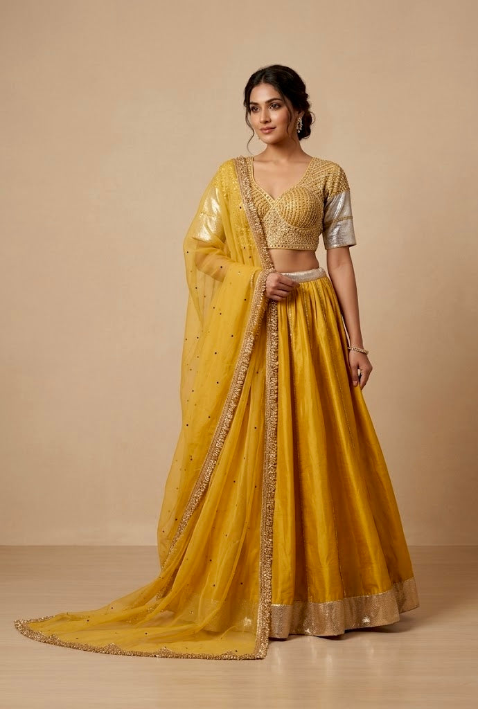 MUSTARD COLOUR CREPE SILK LEHENGA WITH READYMADE BLOUSE & ORGANZA DUPATTA EMBELLISHED WITH GOTA PATTI WORK - Kothari Sons