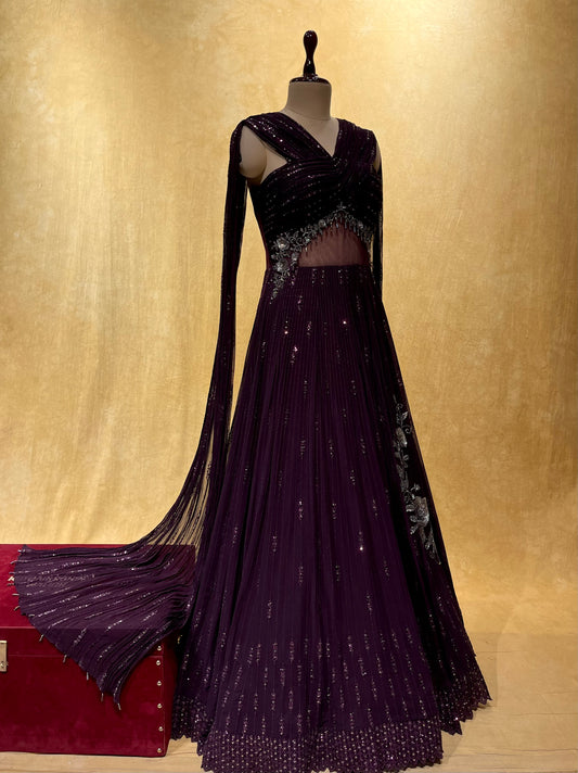 VIOLET COLOUR PARTY WEAR GEORGETTE EMBROIDERED GOWN EMBELLISHED WITH SEQUINS & CUTDANA WORK