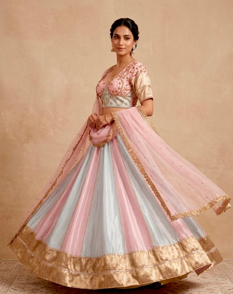 PINK & PASTEL BLUE COLOUR KALI LEHENGA WITH READYMADE BLOUSE & ORGANZA DUPATTA EMBELLISHED WITH GOTA PATTI & BEADS WORK - Kothari Sons
