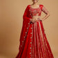 RED COLOUR CREPE SILK ZARI STRIPES LEHENGA WITH EMBROIDERED BLOUSE & SCALLOP DUPATTA EMBELLISHED WITH ZARDOZI, PEARL & CUTDANA WORK