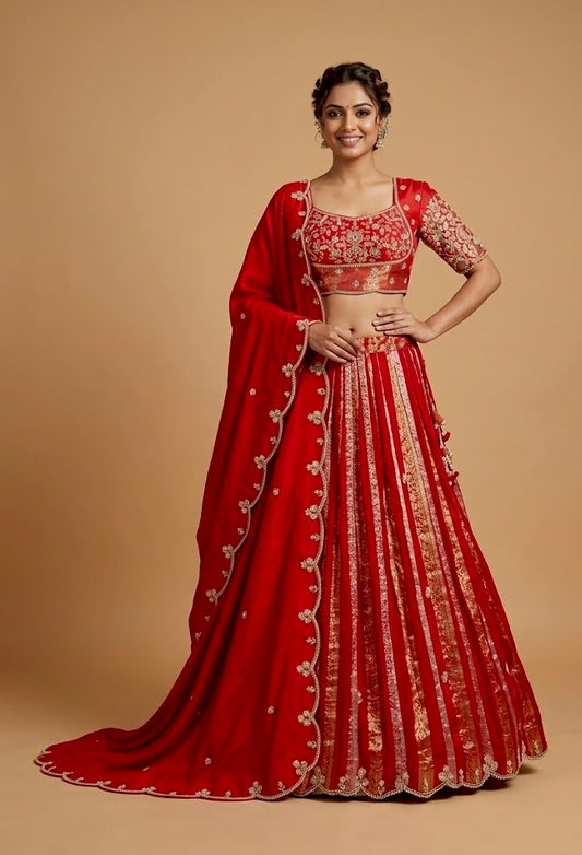 RED COLOUR CREPE SILK ZARI STRIPES LEHENGA WITH EMBROIDERED BLOUSE & SCALLOP DUPATTA EMBELLISHED WITH ZARDOZI, PEARL & CUTDANA WORK - Kothari Sons