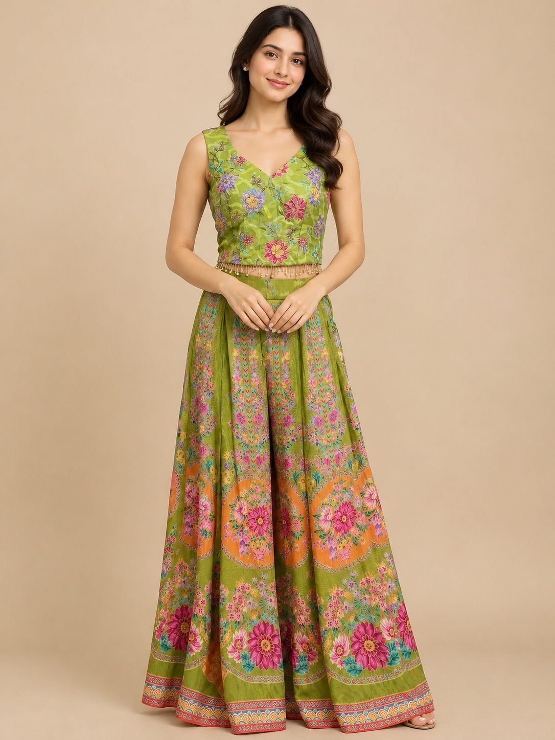 GREEN COLOUR SILK INDOWESTERN DRESS PANT & EMBROIDERED TOP EMBELLISHED WITH CUTDANA & SEQUINS WORK