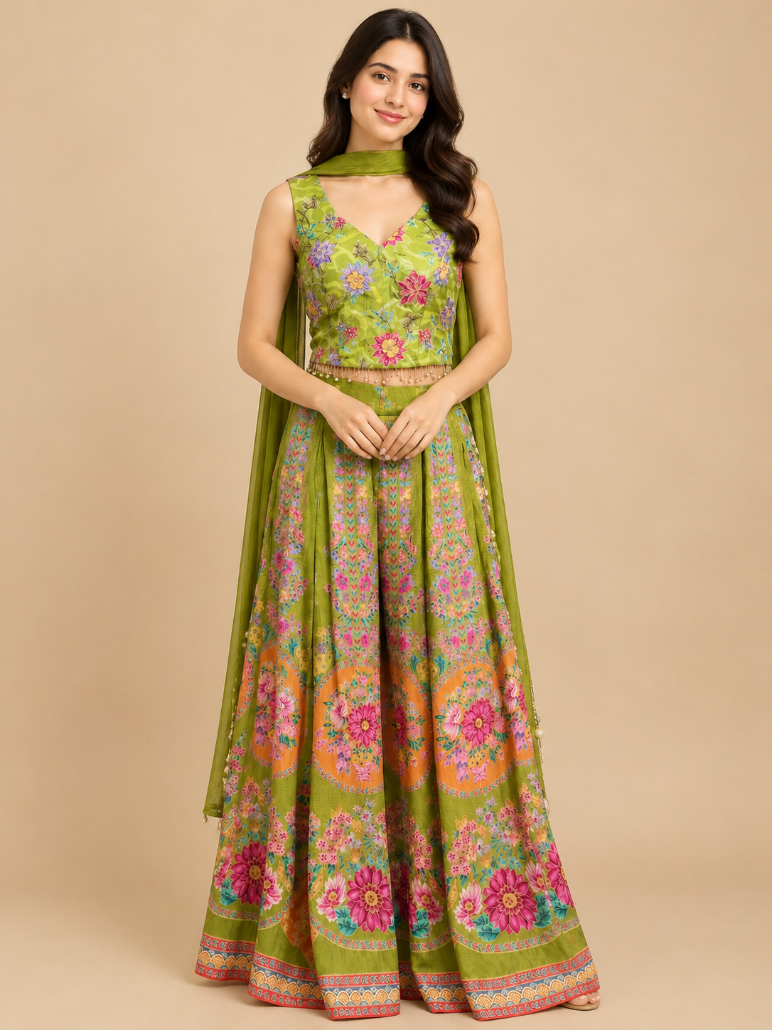 GREEN COLOUR SILK INDOWESTERN DRESS PANT & EMBROIDERED TOP EMBELLISHED WITH CUTDANA & SEQUINS WORK