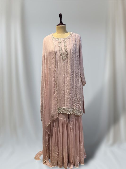 PINK COLOUR CHINON SHARARA SUIT EMBELLISHED WITH PIPS /BEAD WORK