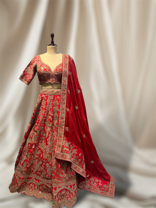 RUST RED SILK BRIDAL EMBROIDERED LEHENGA WITH READYMADE BLOUSE, EMBELLISHED WITH ZARI & SEQUINS WORK