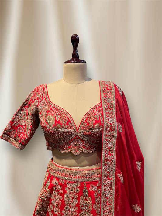 RUST RED SILK BRIDAL EMBROIDERED LEHENGA WITH READYMADE BLOUSE, EMBELLISHED WITH ZARI & SEQUINS WORK