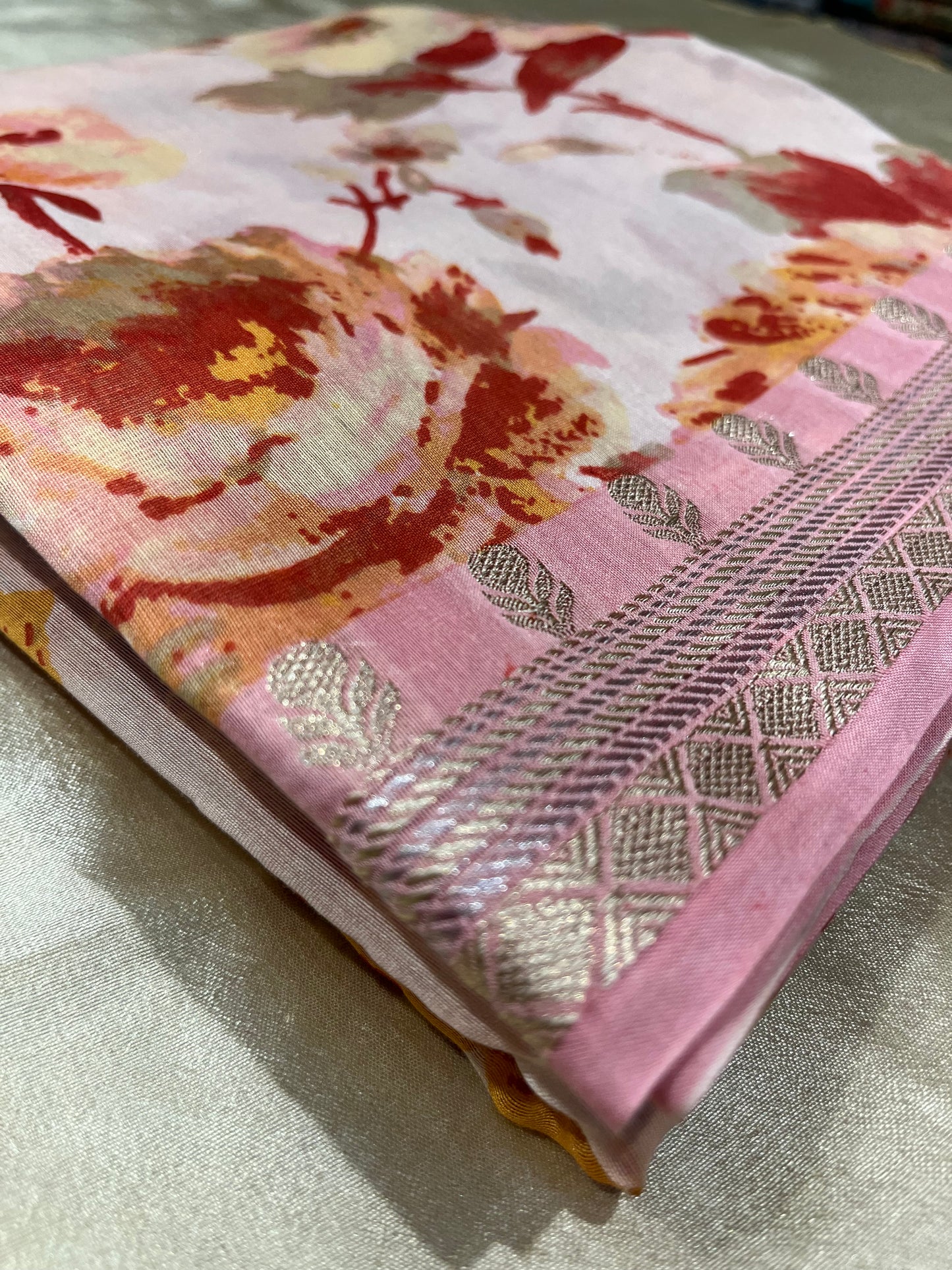 PINK COLOUR CHANDERI SILK PRINTED SAREE WITH ZARI BORDER