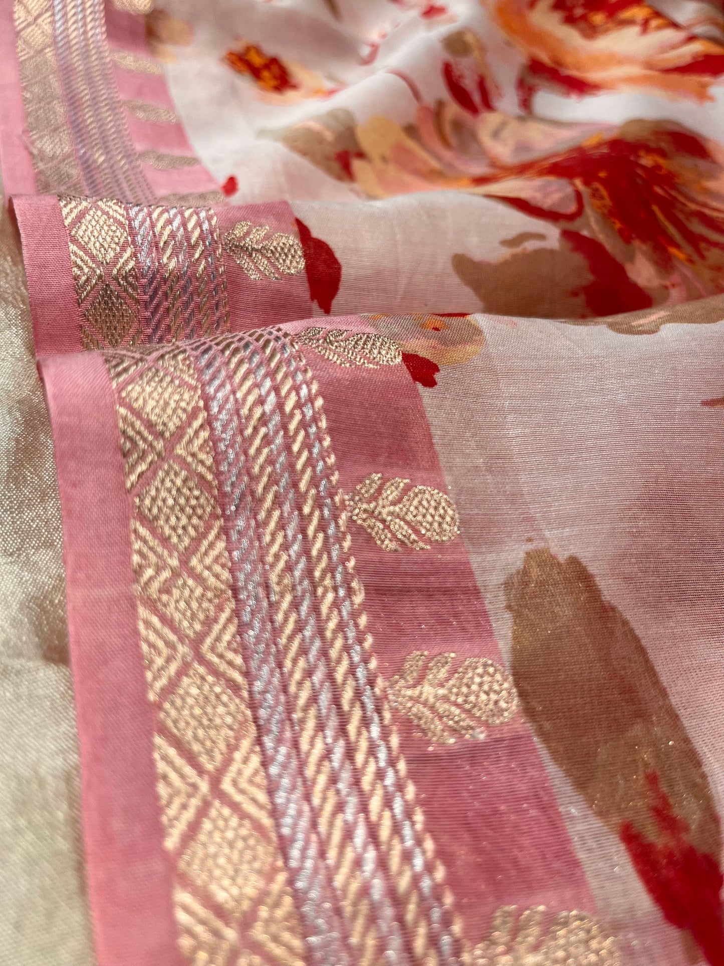 PINK COLOUR CHANDERI SILK PRINTED SAREE WITH ZARI BORDER