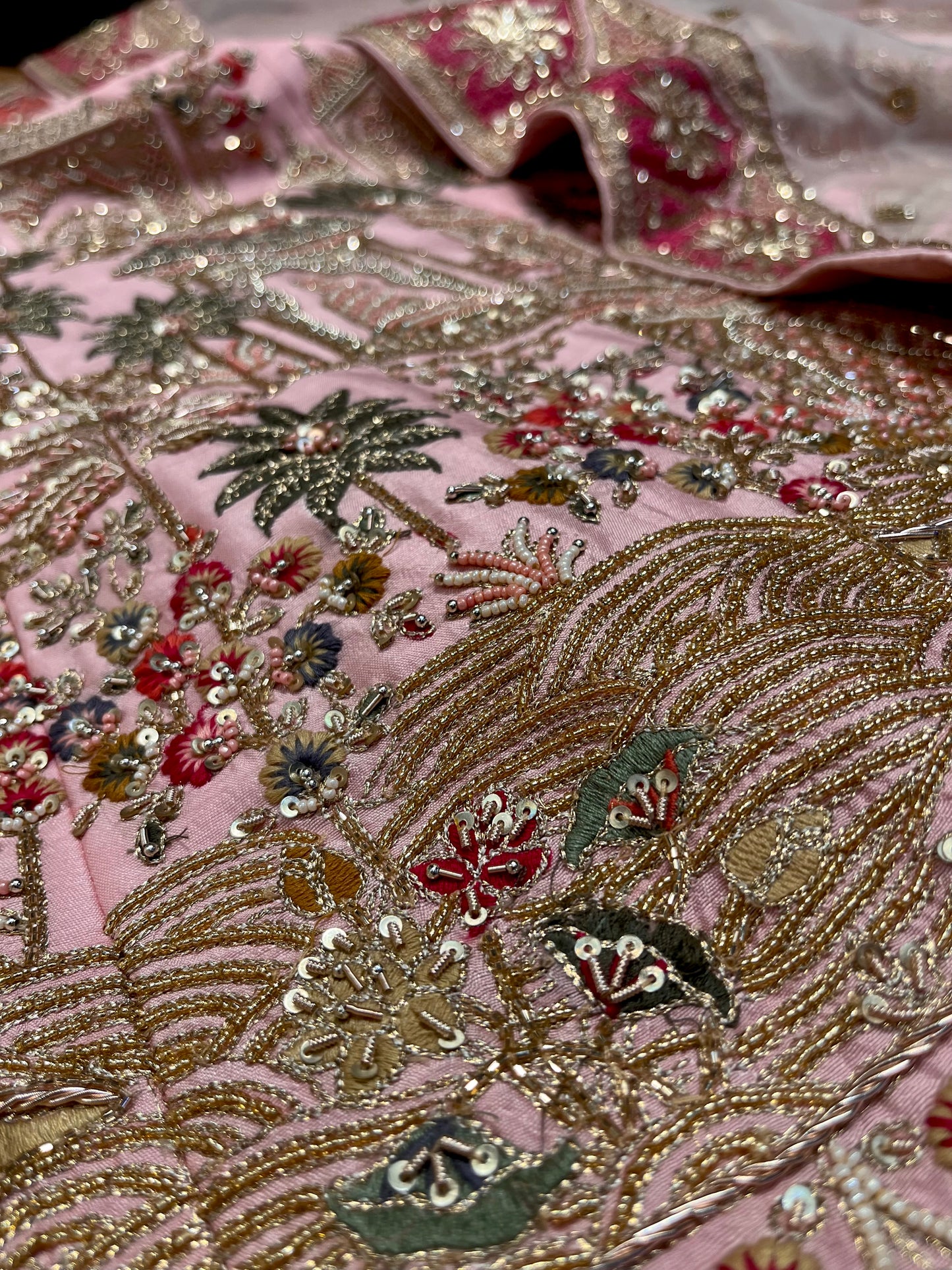 PASTEL PINK COLOUR RAW SILK HAND EMBROIDERED BRIDAL LEHENGA WITH ORGANZA DUPATTA & UNSTITCHED BLOUSE EMBELLISHED WITH ZARDOZI, PEARL & RESHAM EMBROIDERY ( DELIVERY IN 25-30 DAYS ) - Kothari Sons