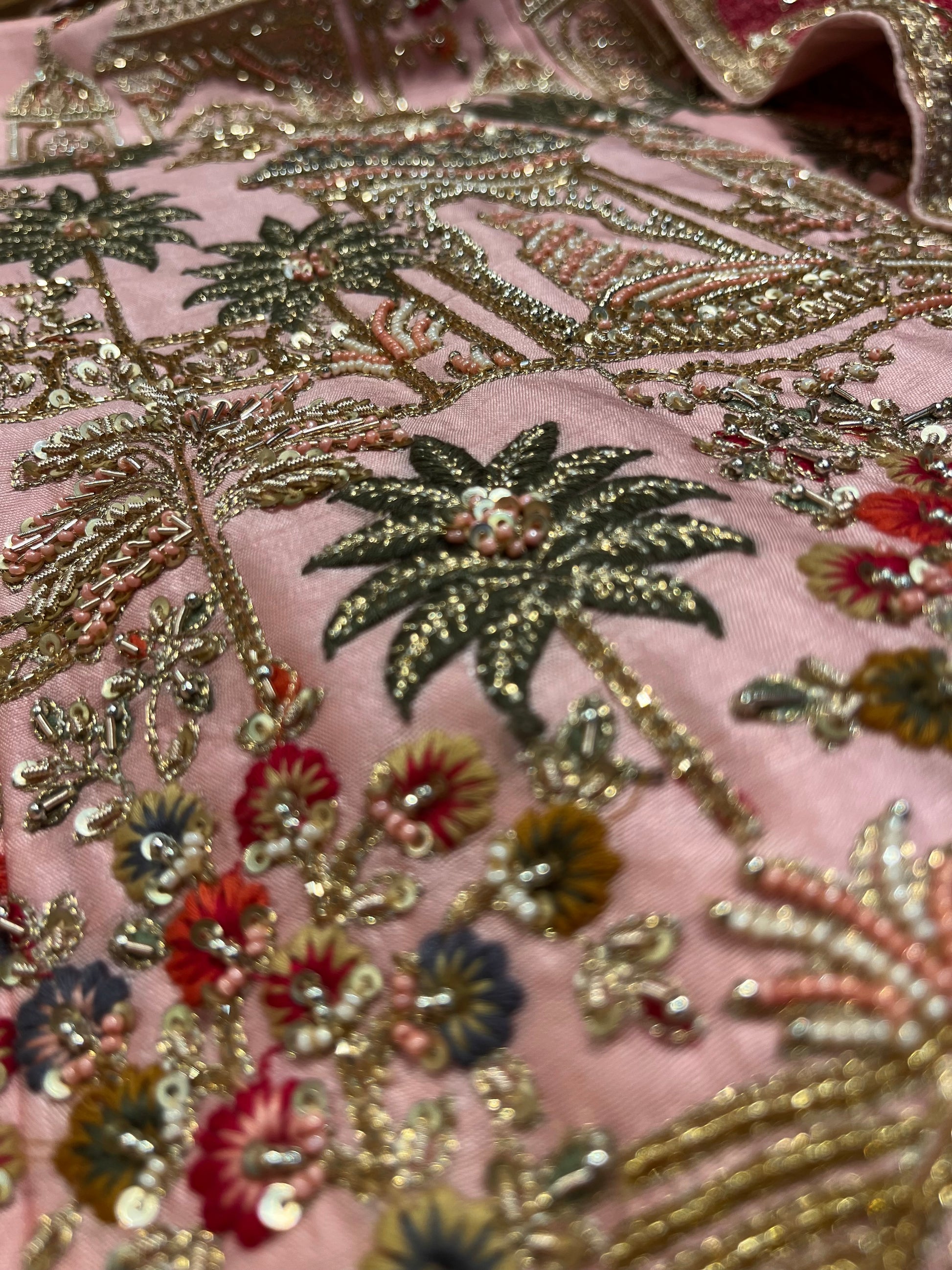 PASTEL PINK COLOUR RAW SILK HAND EMBROIDERED BRIDAL LEHENGA WITH ORGANZA DUPATTA & UNSTITCHED BLOUSE EMBELLISHED WITH ZARDOZI, PEARL & RESHAM EMBROIDERY ( DELIVERY IN 25-30 DAYS ) - Kothari Sons
