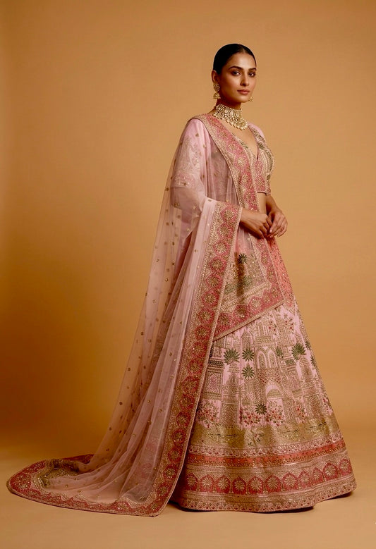 PASTEL PINK COLOUR RAW SILK HAND EMBROIDERED BRIDAL LEHENGA WITH ORGANZA DUPATTA & UNSTITCHED BLOUSE EMBELLISHED WITH ZARDOZI, PEARL & RESHAM EMBROIDERY ( DELIVERY IN 25-30 DAYS ) - Kothari Sons