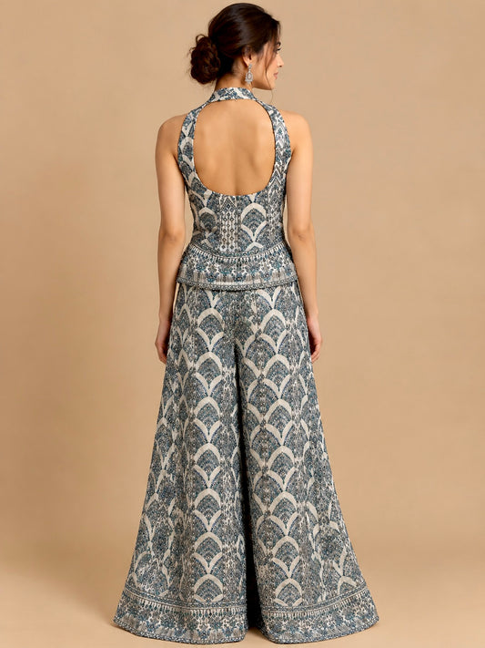 IVORY COLOUR GEORGETTE TISSUE EMBROIDERED INDOWESTERN DRESS EMBELLISHED WITH CUTDANA, SEQUINS & RESHAM WORK
