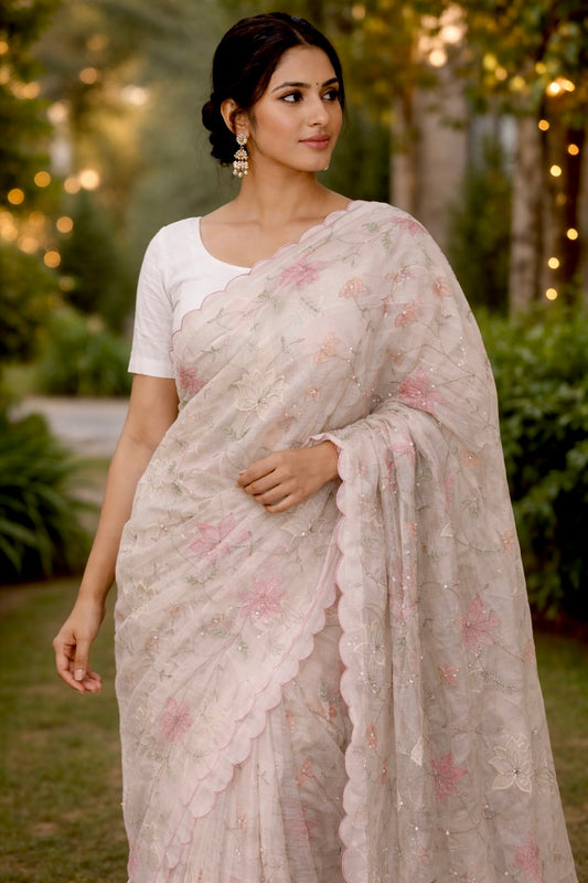 Ivory colour, Mul Chanderi saree with multi coloured embroidery & appliqué work by Siddhaika