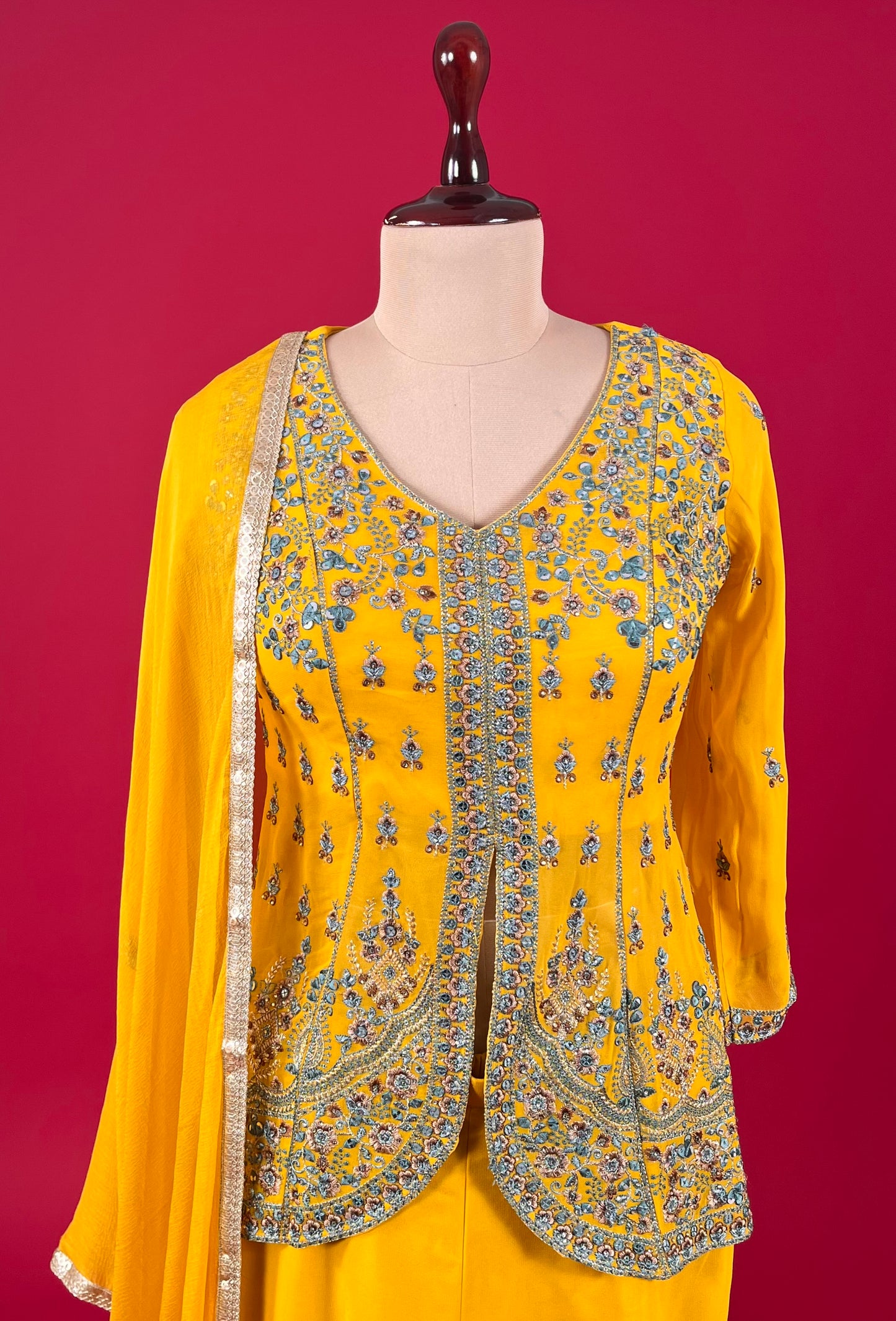 MUSTARD COLOUR GEORGETTE EMBROIDERED SHARARA WITH KURTA EMBELLISHED WITH RESHAM & SEQUINS WORK