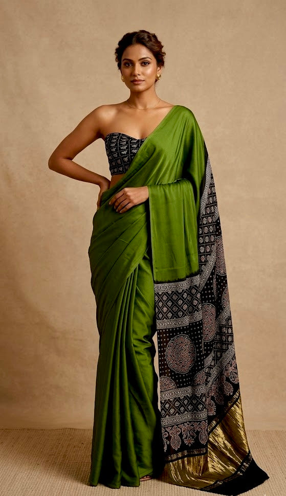 GREEN COLOUR MODAL SATIN SILK SAREE EMBELLISHED WITH AJRAKH PALLA & UNSTITCHED BLOUSE - Kothari Sons