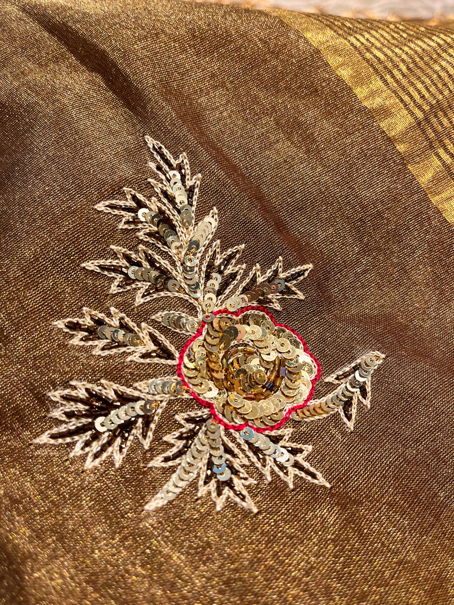 COPPER COLOUR CHANDERI TISSUE HAND EMBROIDERED SAREE EMBELLISHED WITH SEQUINS WORK