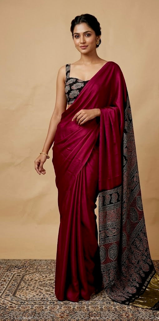 WINE COLOUR MODAL SILK SAREE EMBELLISHED WITH AJRAKH PALLA & UNSTITCHED BLOUSE - Kothari Sons