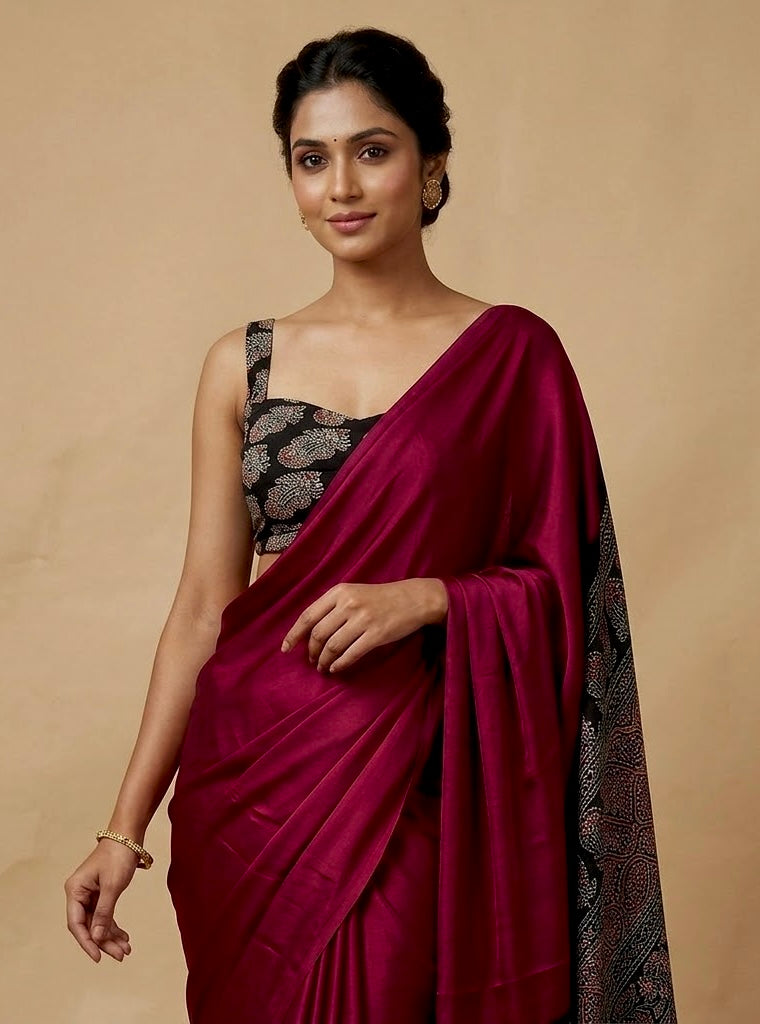WINE COLOUR MODAL SILK SAREE EMBELLISHED WITH AJRAKH PALLA & UNSTITCHED BLOUSE - Kothari Sons