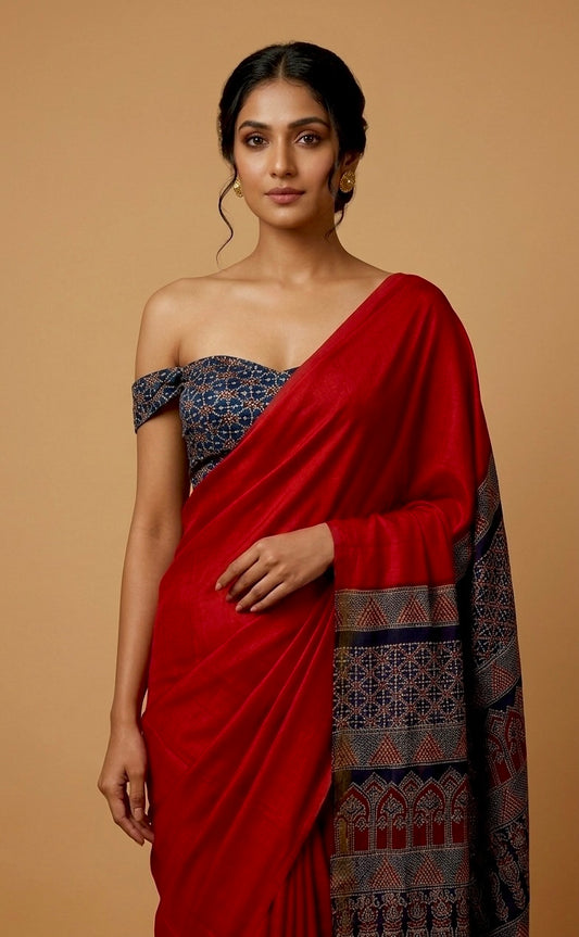 RED COLOUR MODAL SATIN SILK SAREE EMBELLISHED WITH AJRAKH PALLA & UNSTITCHED BLOUSE - Kothari Sons