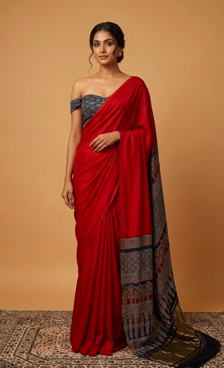 RED COLOUR MODAL SATIN SILK SAREE EMBELLISHED WITH AJRAKH PALLA & UNSTITCHED BLOUSE - Kothari Sons