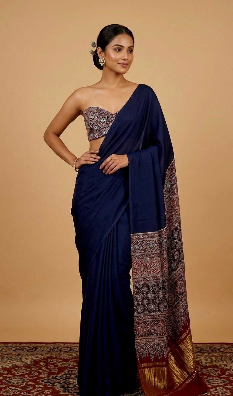BLUE COLOUR MODAL SATIN SAREE EMBELLISHED WITH AJRAKH PALLA & UNSTITCHED BLOUSE - Kothari Sons