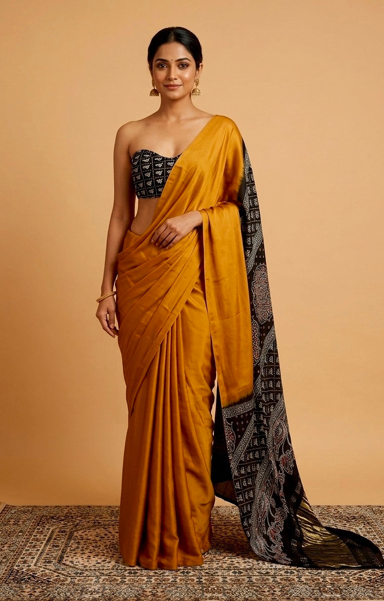 MUSTARD COLOUR MODAL SATIN SILK SAREE EMBELLISHED WITH AJRAKH PALLA & UNSTITCHED BLOUSE - Kothari Sons
