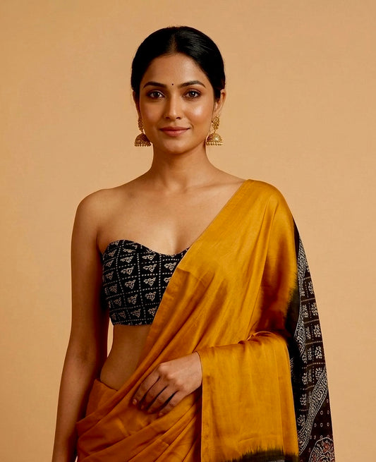 MUSTARD COLOUR MODAL SATIN SILK SAREE EMBELLISHED WITH AJRAKH PALLA & UNSTITCHED BLOUSE - Kothari Sons