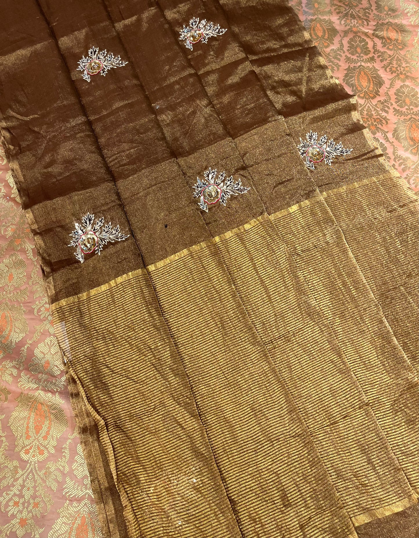 COPPER COLOUR CHANDERI TISSUE HAND EMBROIDERED SAREE EMBELLISHED WITH SEQUINS WORK