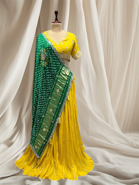 ( DELIVERY IN 30 DAYS ) YELLOW LEHENGA WITH BLOUSE & GREEN GAJI SILK BANDHANI DUPATTA