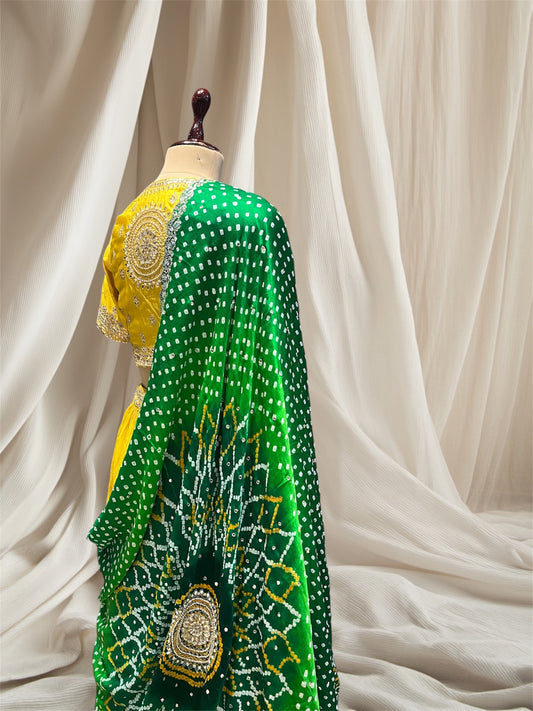 ( DELIVERY IN 30 DAYS ) YELLOW LEHENGA WITH BLOUSE & GREEN GAJI SILK BANDHANI DUPATTA