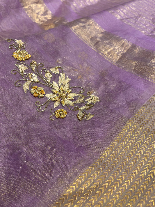 LAVENDER COLOUR CHANDERI TISSUE HAND EMBROIDERED SAREE EMBELLISHED WITH ZARDOZI, CUTDANA & ZARI WORK