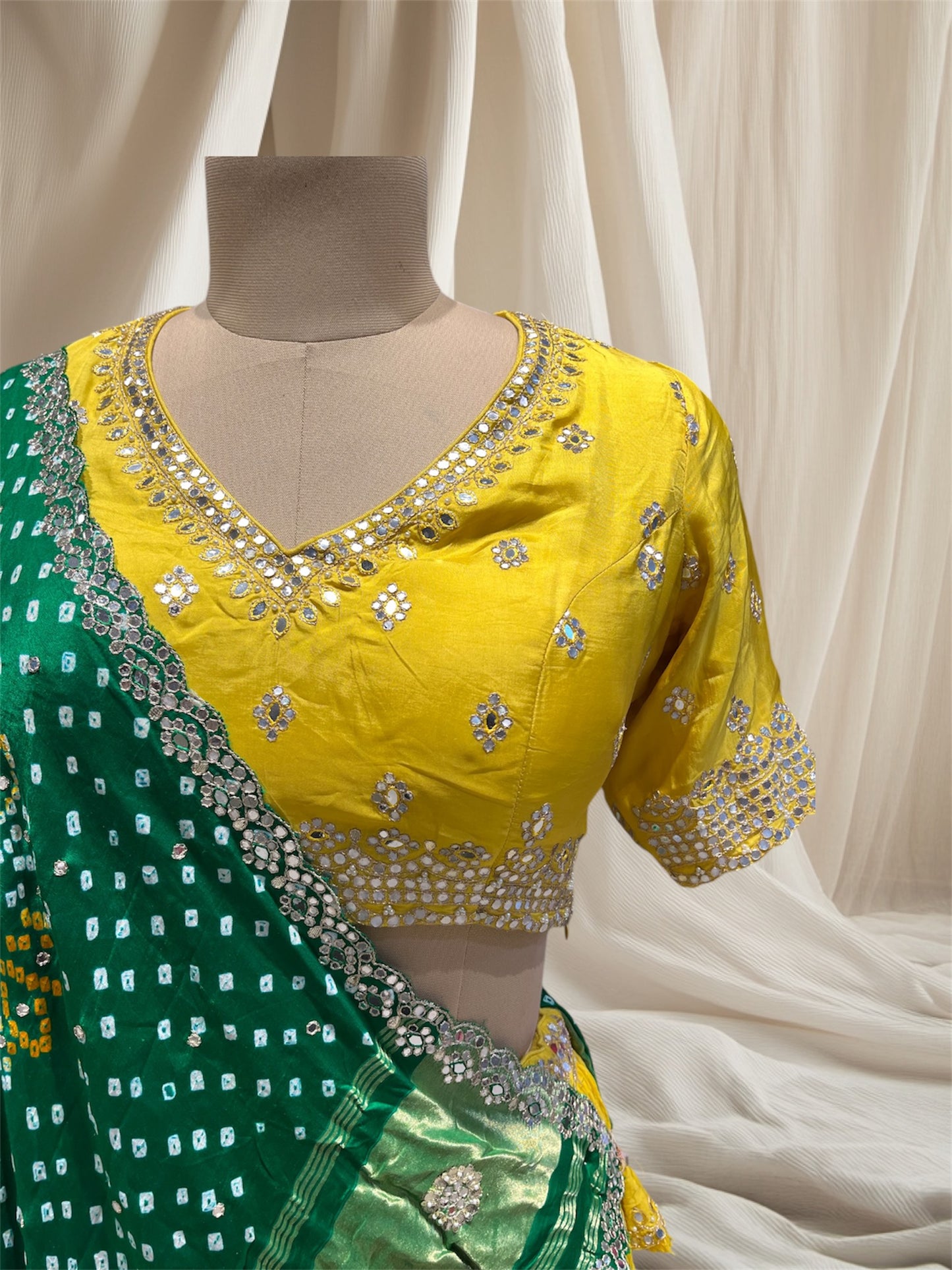 ( DELIVERY IN 30 DAYS ) YELLOW LEHENGA WITH BLOUSE & GREEN GAJI SILK BANDHANI DUPATTA