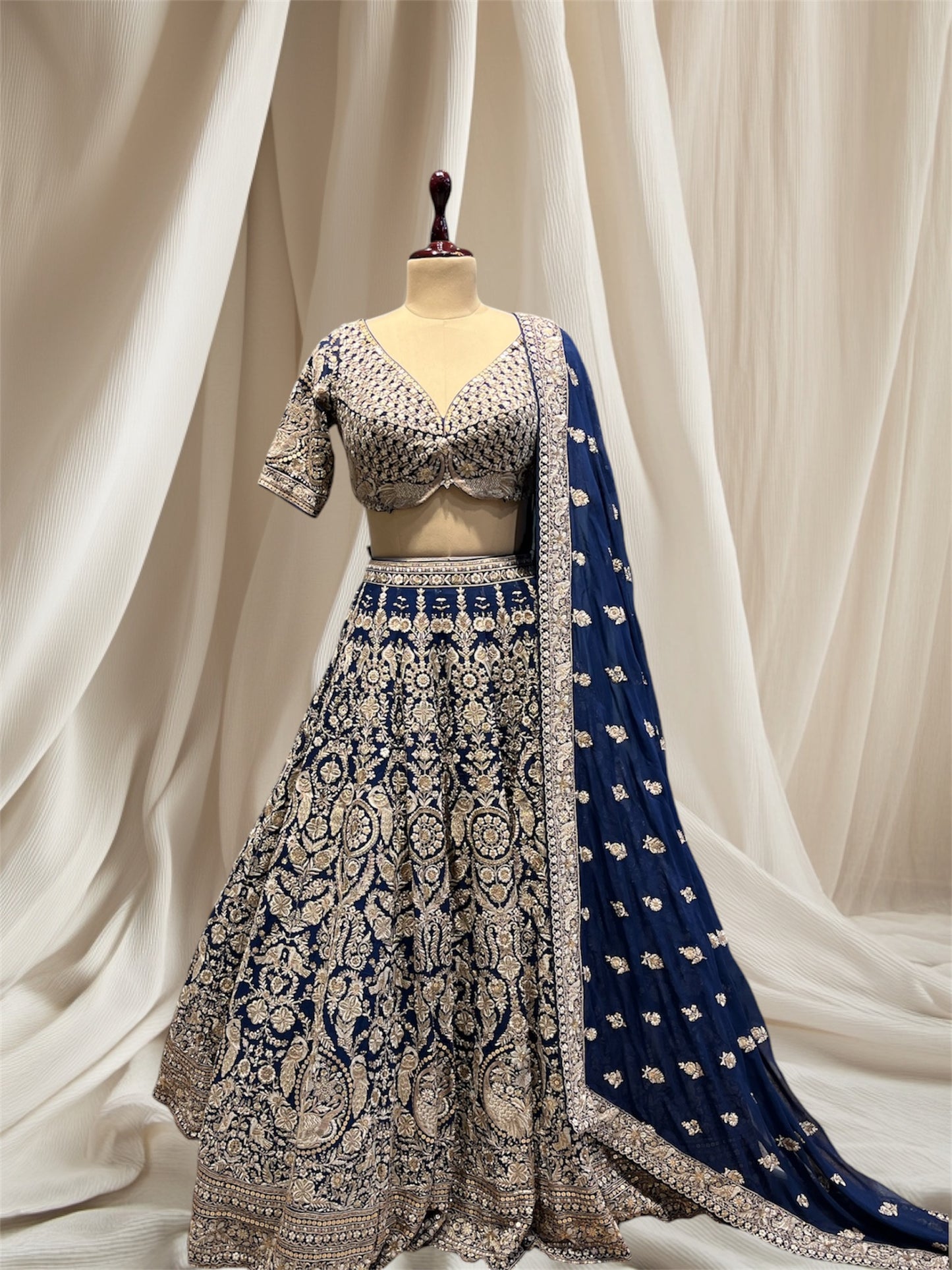 ( DELIVERY IN 50 DAYS ) NAVY BLUE COLOR, PARSI EMBROIDERED GEORGETTE READYMADE LEHENGA