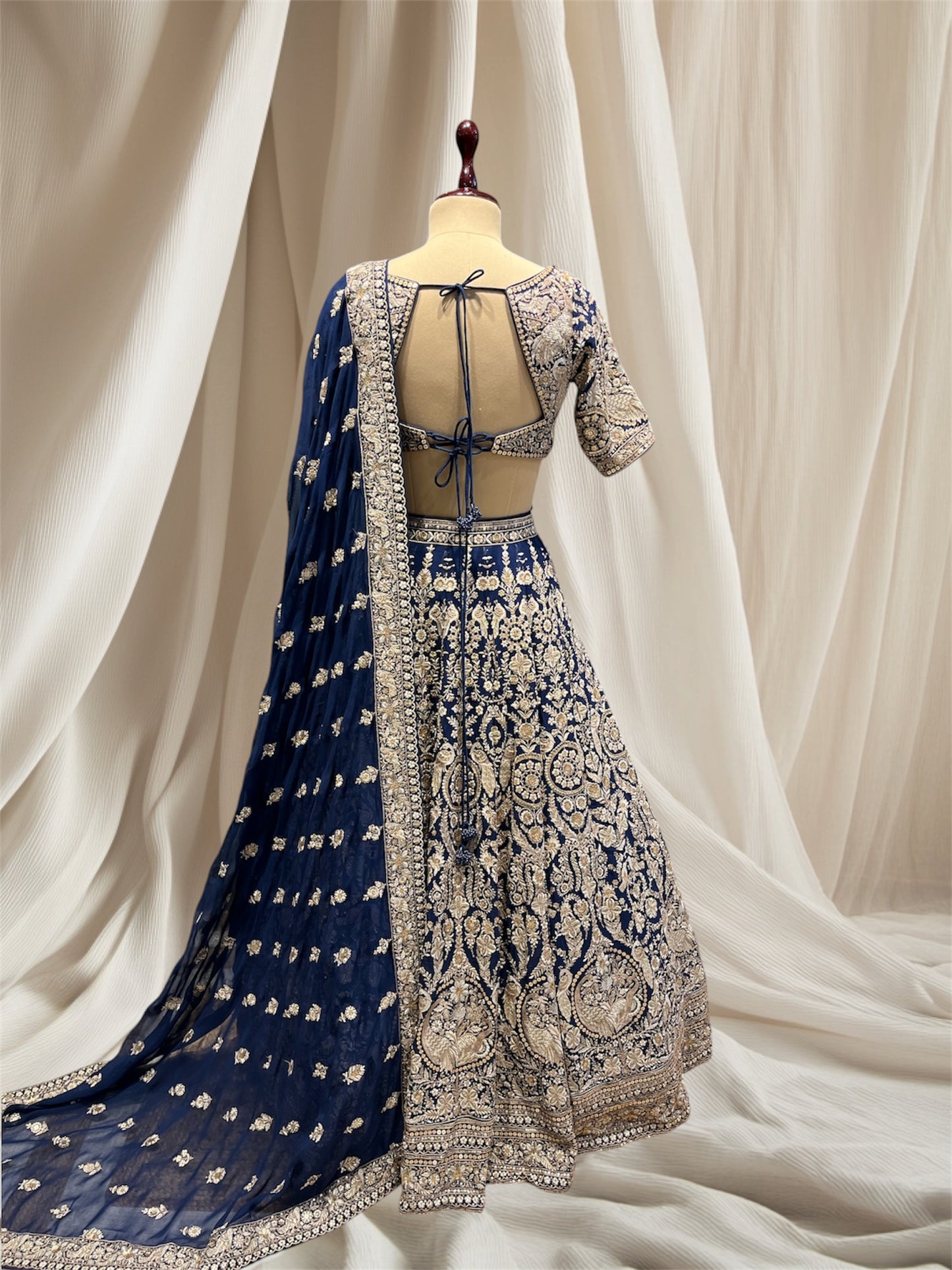 ( DELIVERY IN 50 DAYS ) NAVY BLUE COLOR, PARSI EMBROIDERED GEORGETTE READYMADE LEHENGA