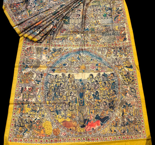 YELLOW  KALAMKARI ART TUSSAR SILK SAREE