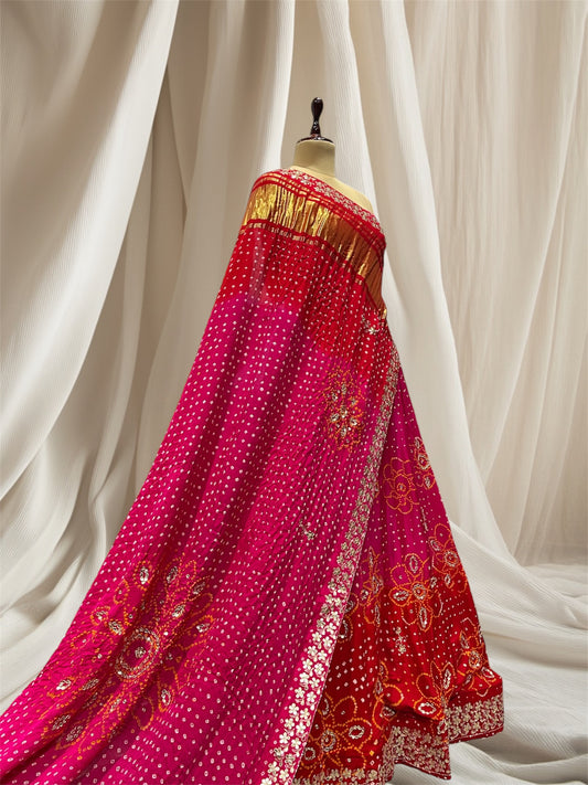 RANI PINK & RED COLOR PURE GAJI BANDHANI GOTA PATTI WORK LEHENGA, CHUNNI, BLOUSE WITHOUT STITCH