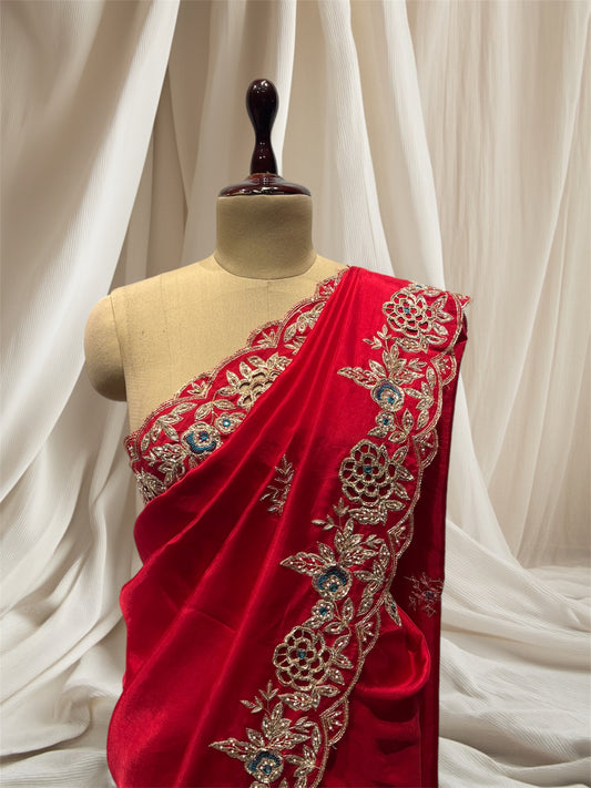 ( DELIVERY IN 15 DAYS ) Red cut work Aari Zardozi Border Silk Saree